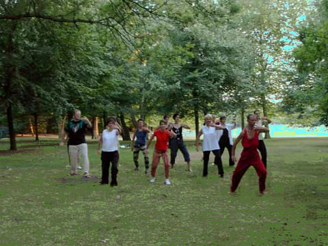 Tai Chi bei schönem Sommerwetter im nahegelegenen Grüngürtel.